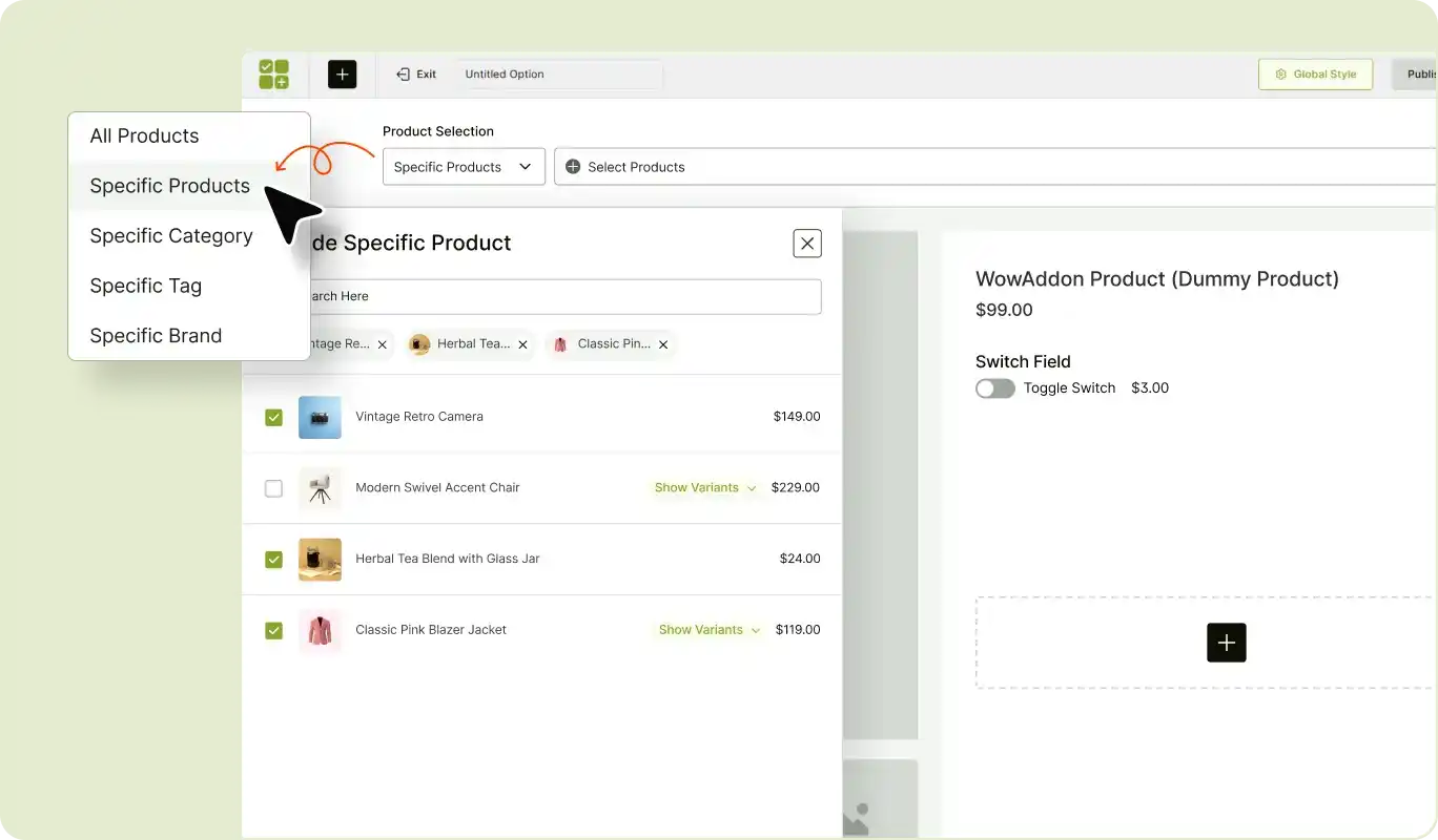 Screenshot showcasing how we can add product addons to specific products, categories, or all products.