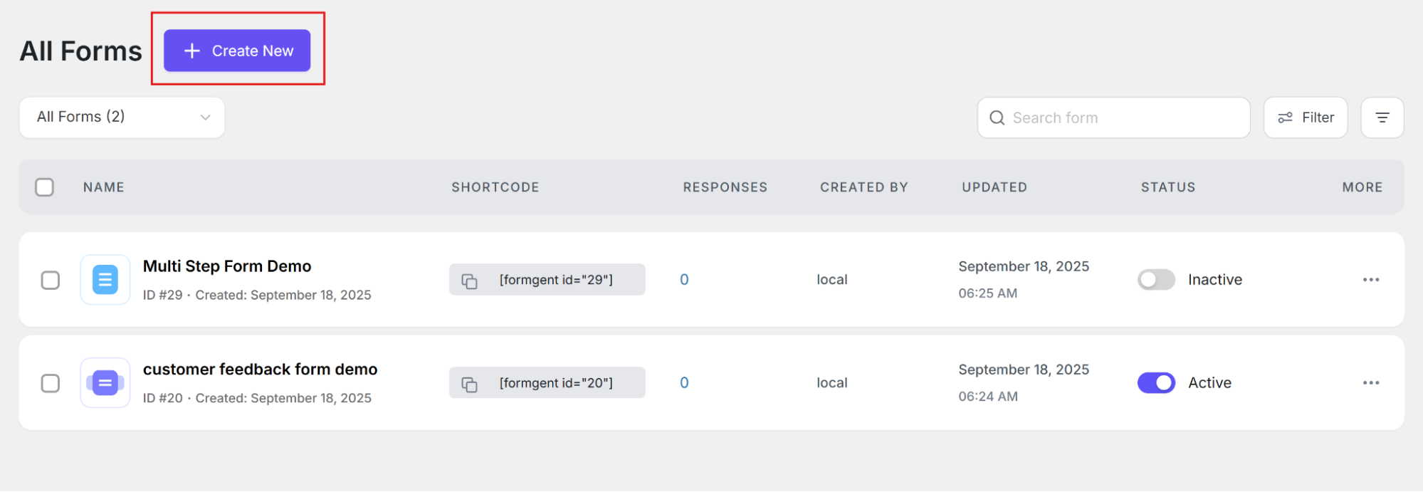 click on Create New button to create form