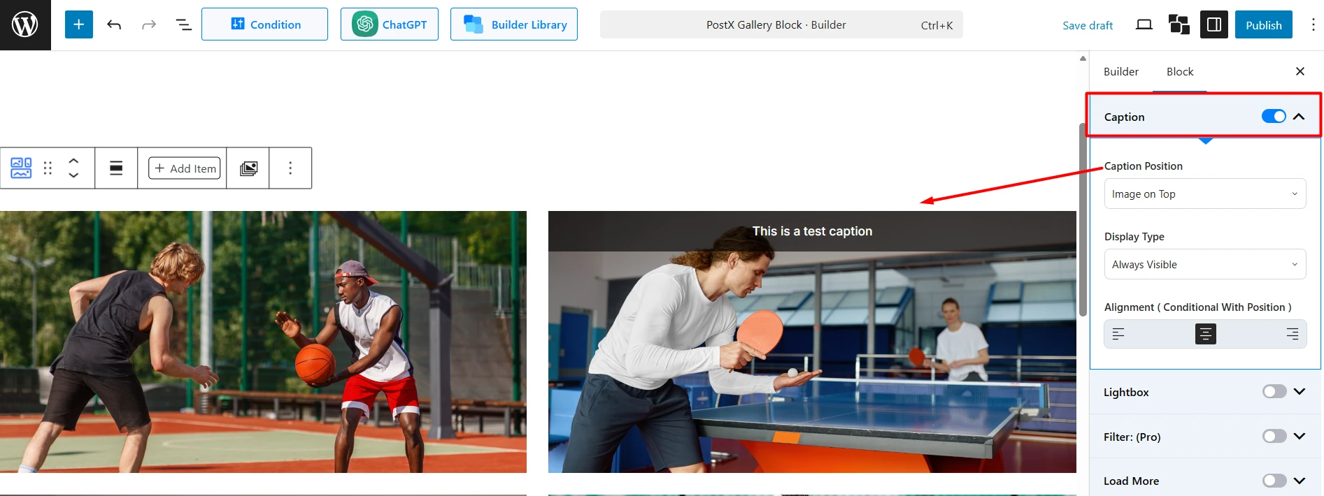 Caption Settings for the PostX Gallery Block