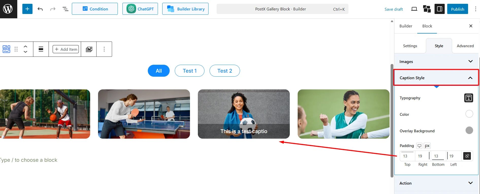 Caption Styling for the PostX Gallery Block