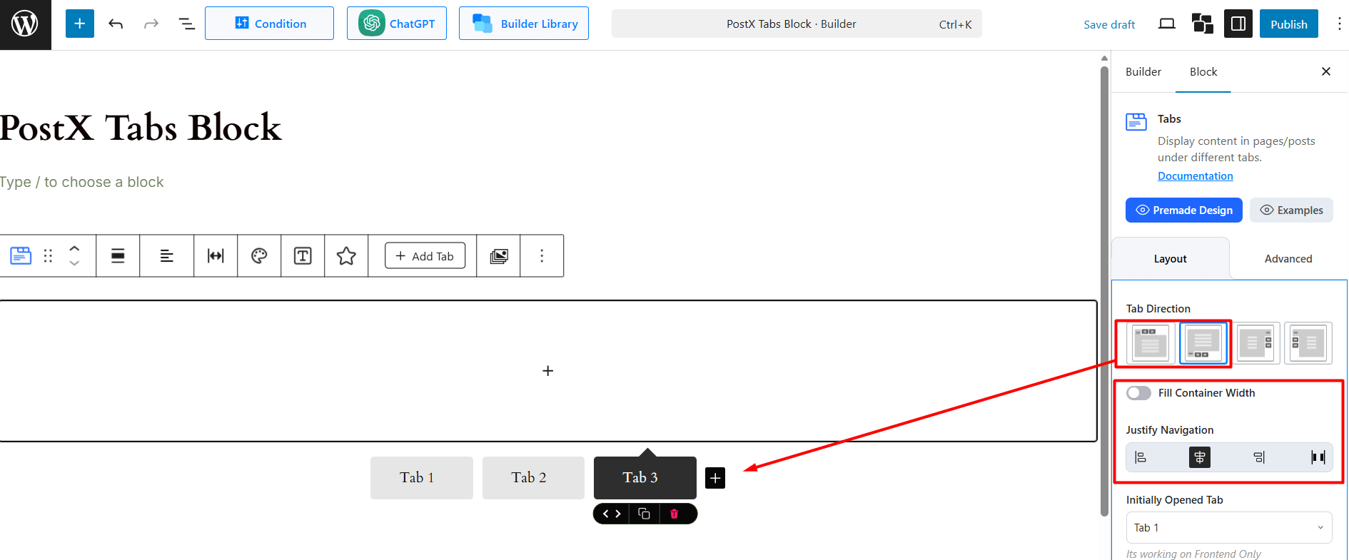 Horizontal Tab Direction for the PostX Tabs Block