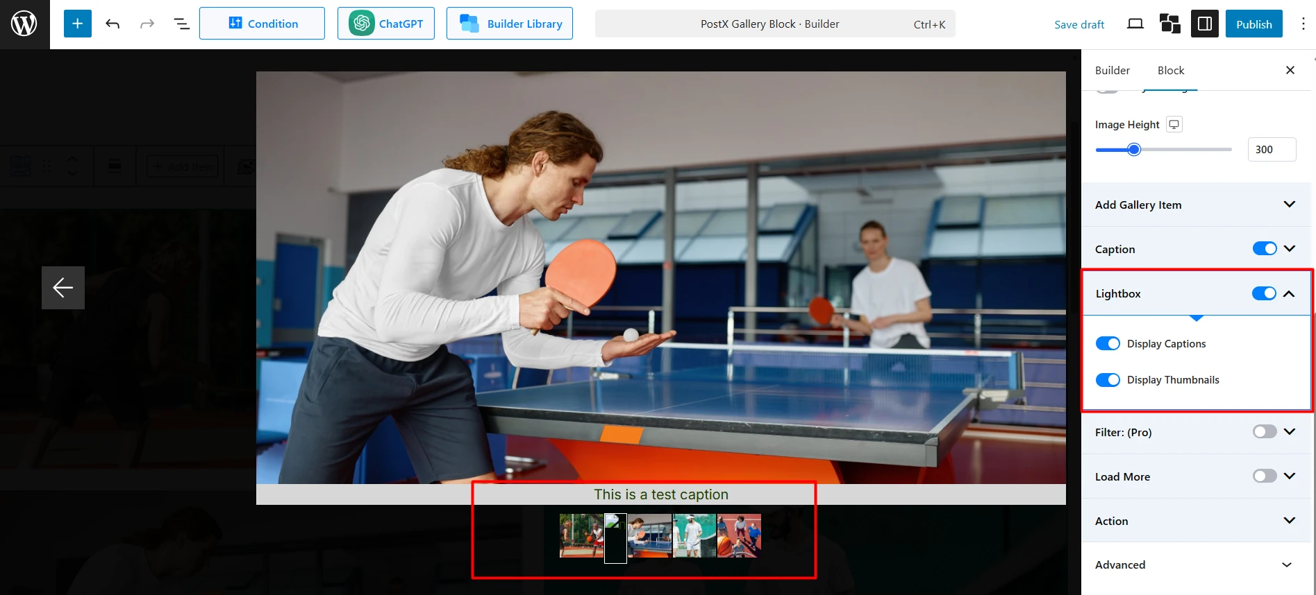 Lightbox Settings for the PostX Gallery Block