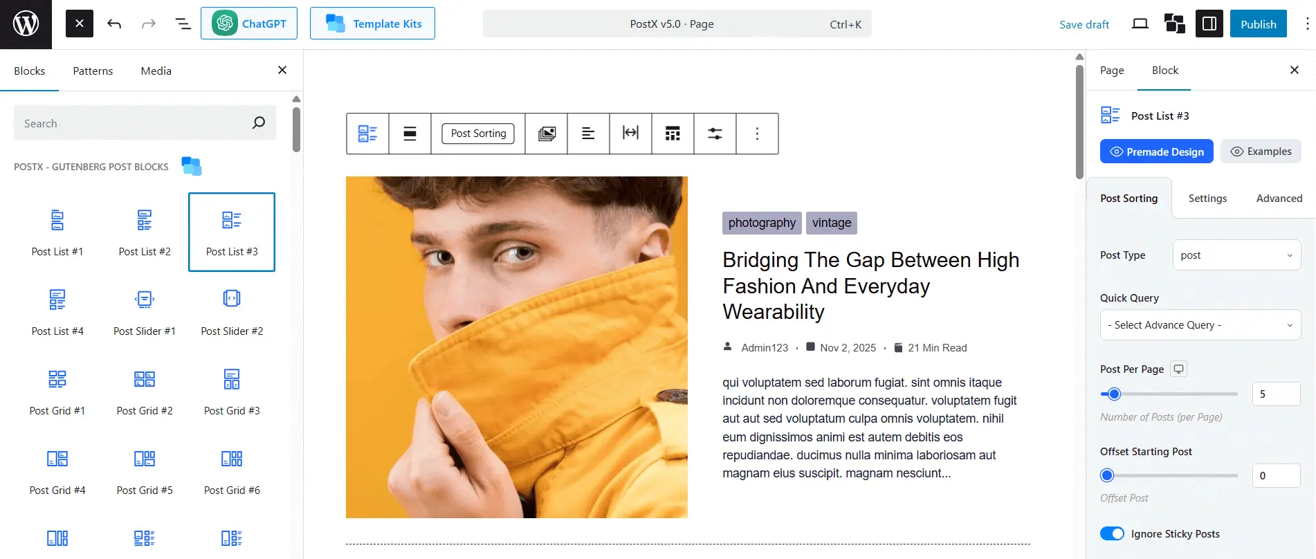 Redesigned settings panel and block icons in PostX v5.0