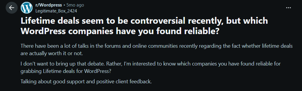 Screenshot of reddit thread asking for reliable companies for lifetime deals