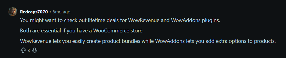 Screenshot showing reddit discussion that recommend lifetime deal of WowRevenue and WowAddons
