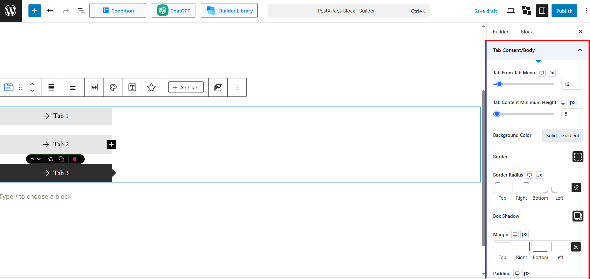 Tab Content or Body Settings for the PostX Tabs Block