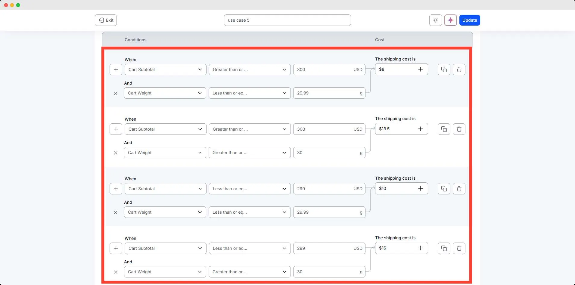 Price + Weight Combined Shipping Conditions