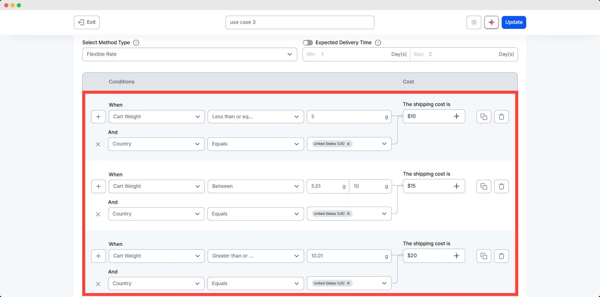 Shipping Rates Based on Country US + Cart Weight
