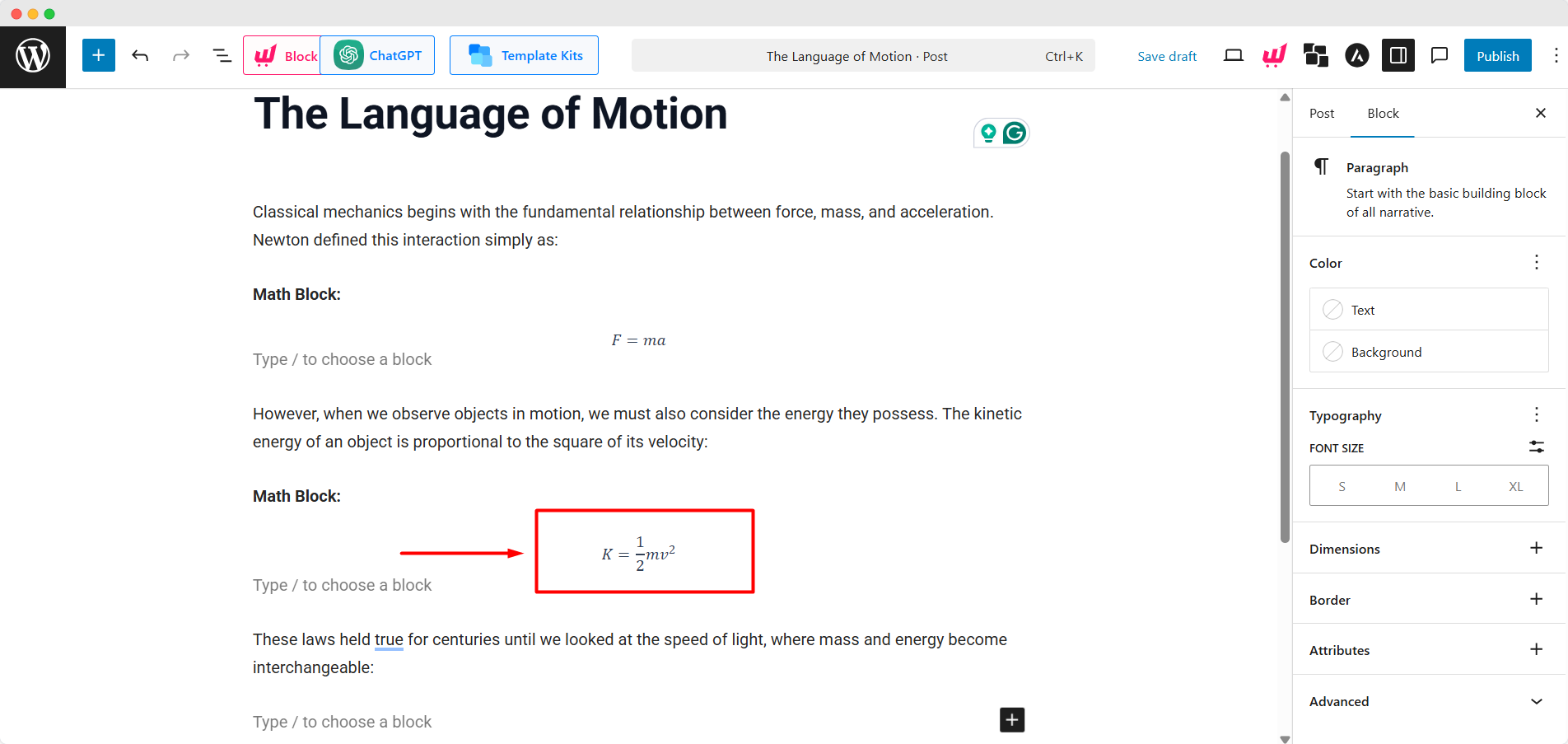 wordpress math block
