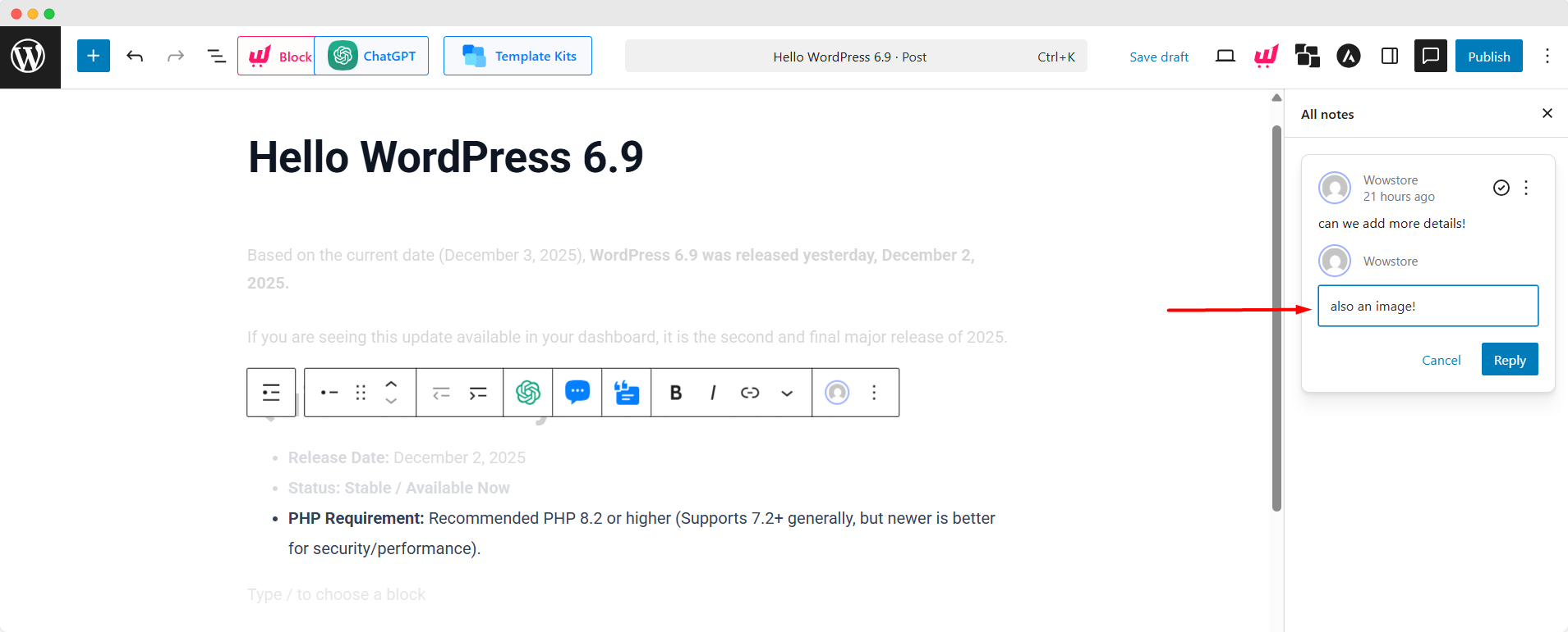 wordpress commenting inside block