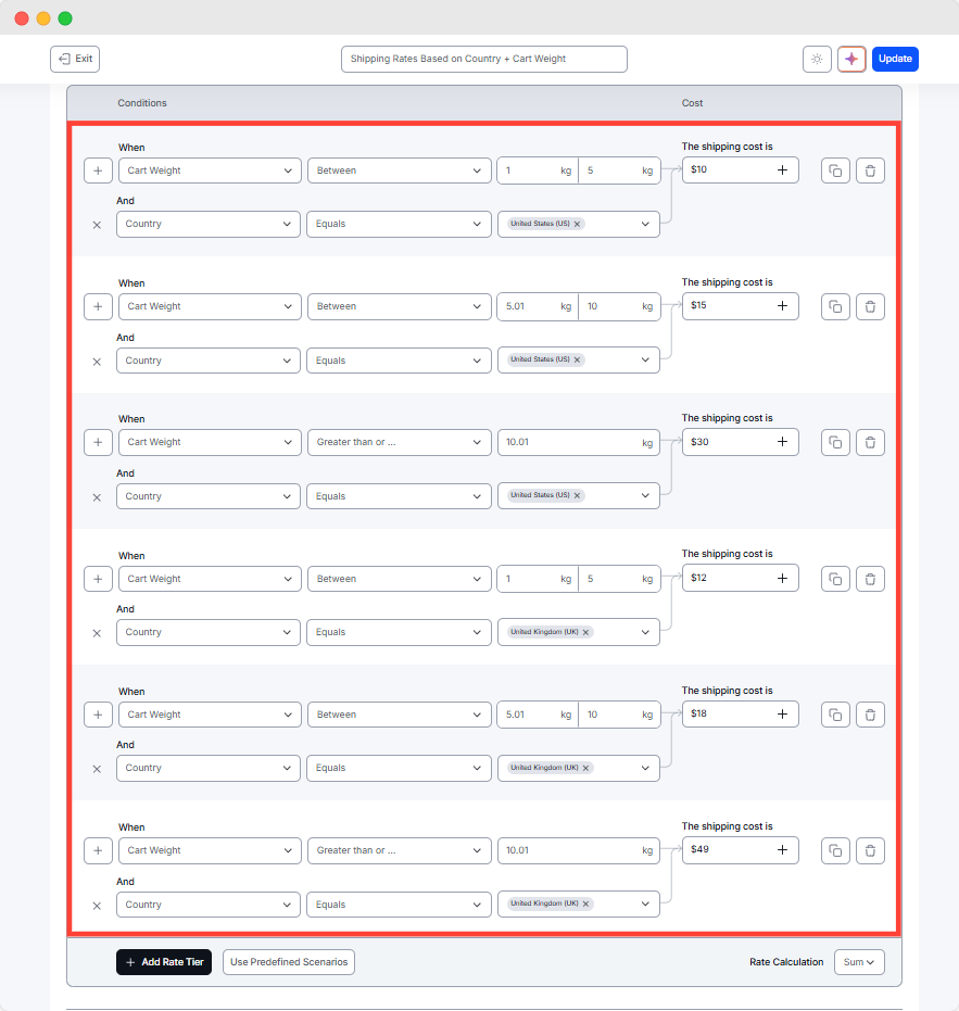 Shipping Rates Based on Country + Cart Weight
