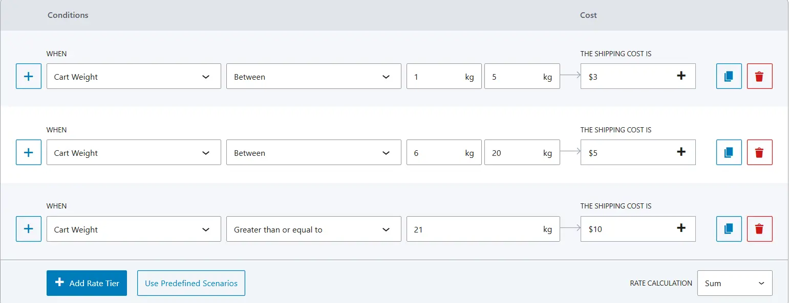 condition tier in the table rate