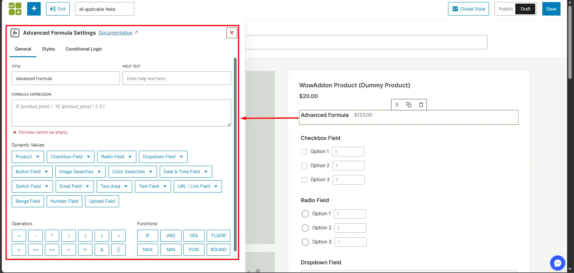 Advanced formula field settings