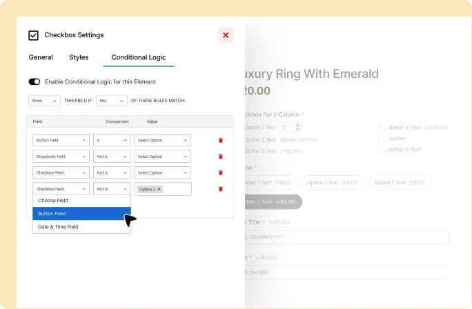 WowAddons settings interface showing how to create an option dependent on a button field.