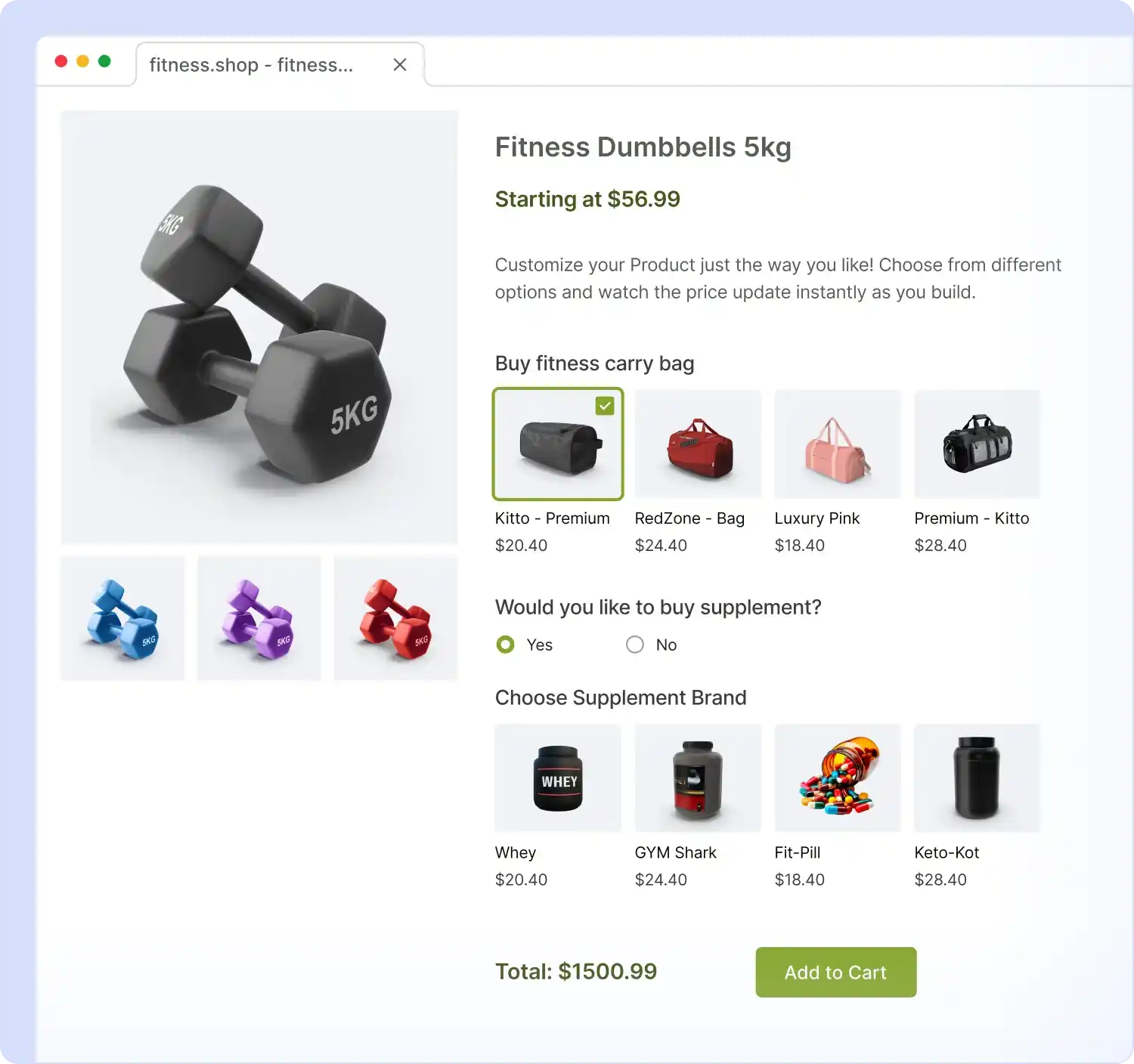 A fitness pack customizing example recommending bags, and supplements.