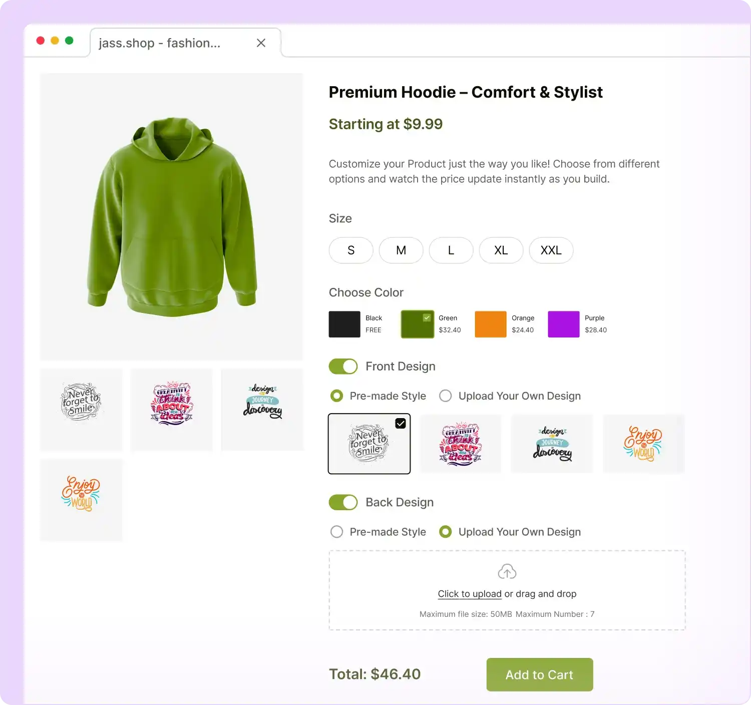 Green hoodie with multiple product add-ons such as size, color, design, and image upload.