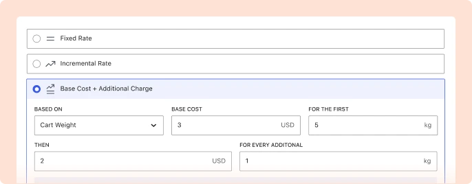 Simulation of incremental shipping rates demonstrating base cost and additional costs. For example, the base cost is $3 for the first 5 KG Cart Weight, then $2 for each additional 1 KG.