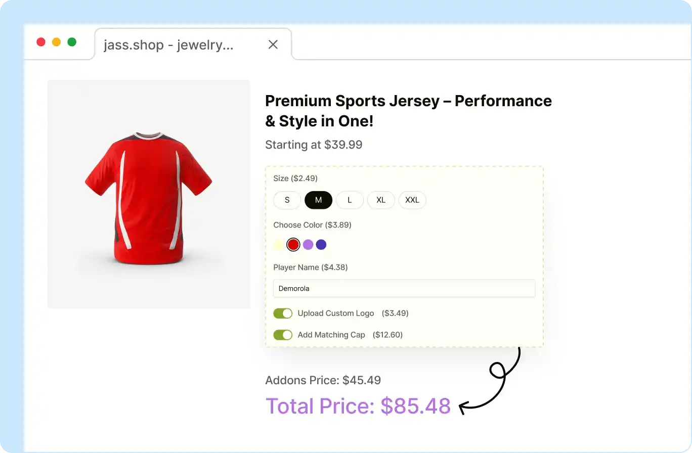 Dynamically updating the jersey price based on selections like size and colour.