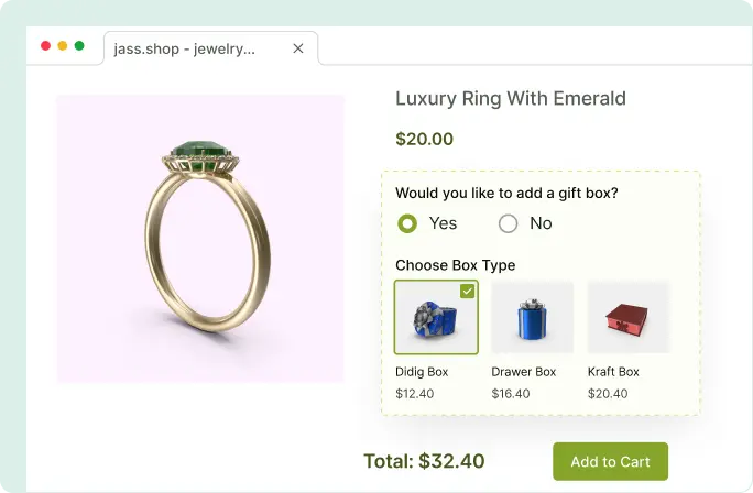 Mock-up of a jewellery product page recommending gift boxes as add-ons. 