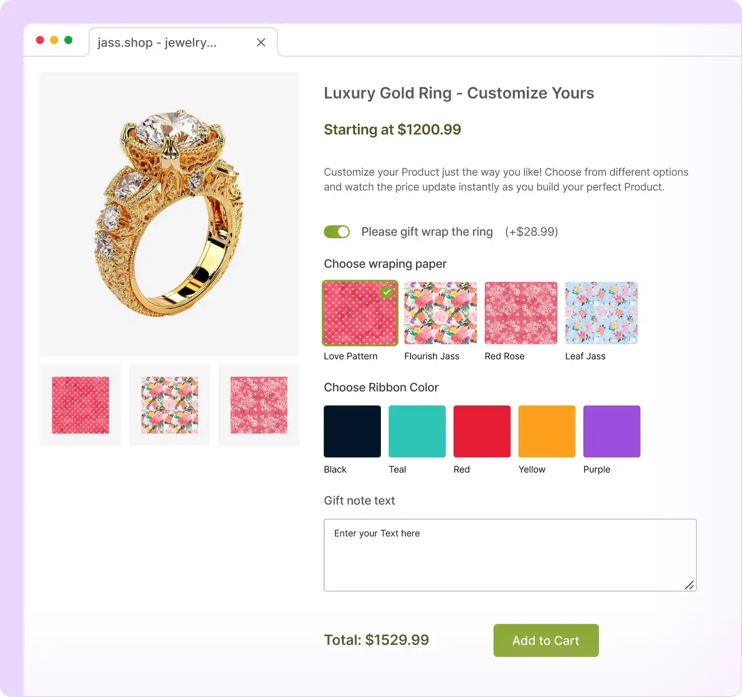 A jewelry product with selection options including wrapping paper, ribbon color and text engraving.