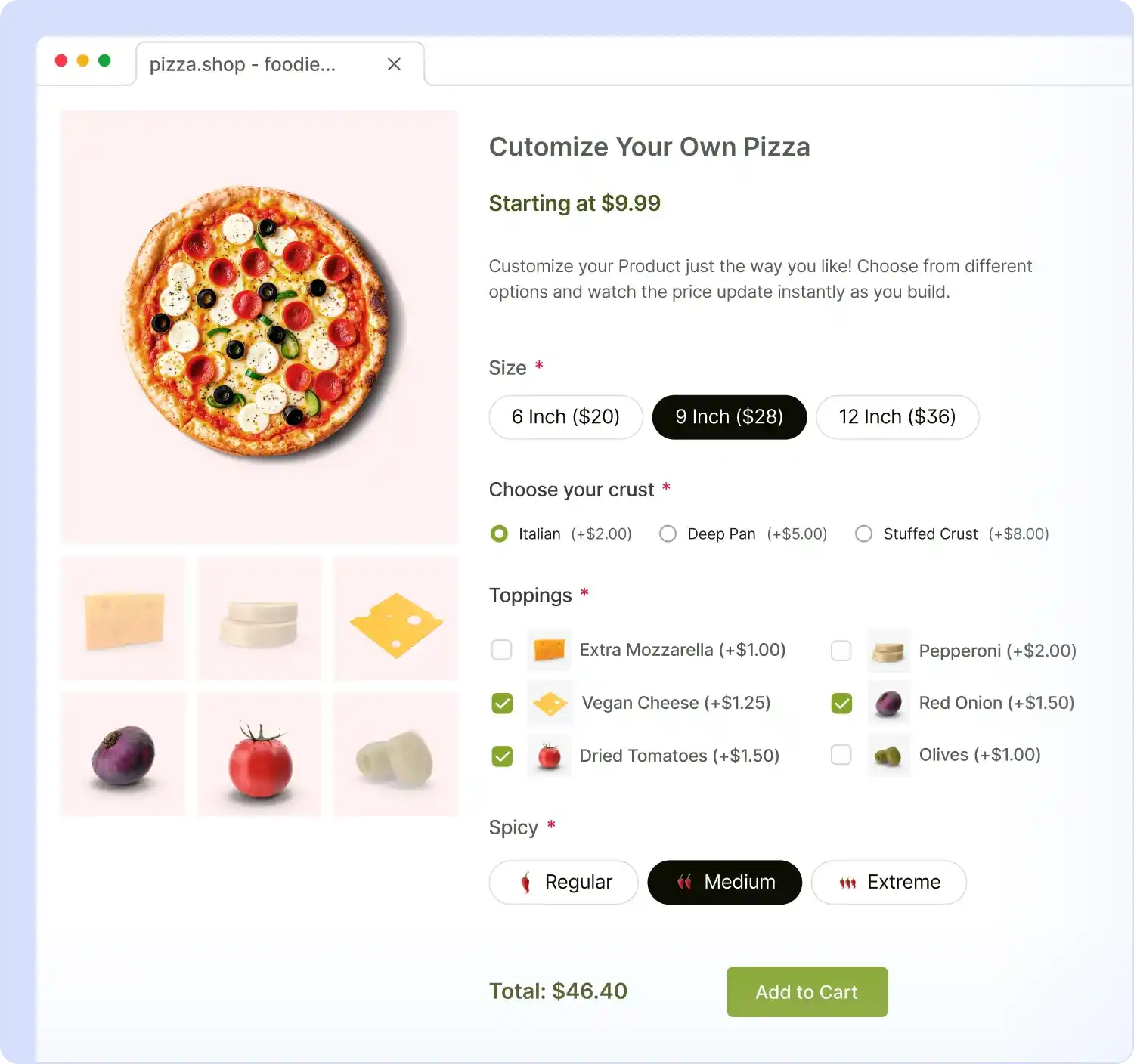 Preview of a pizza product page with fields to select size, crust, toppings, and spice level.