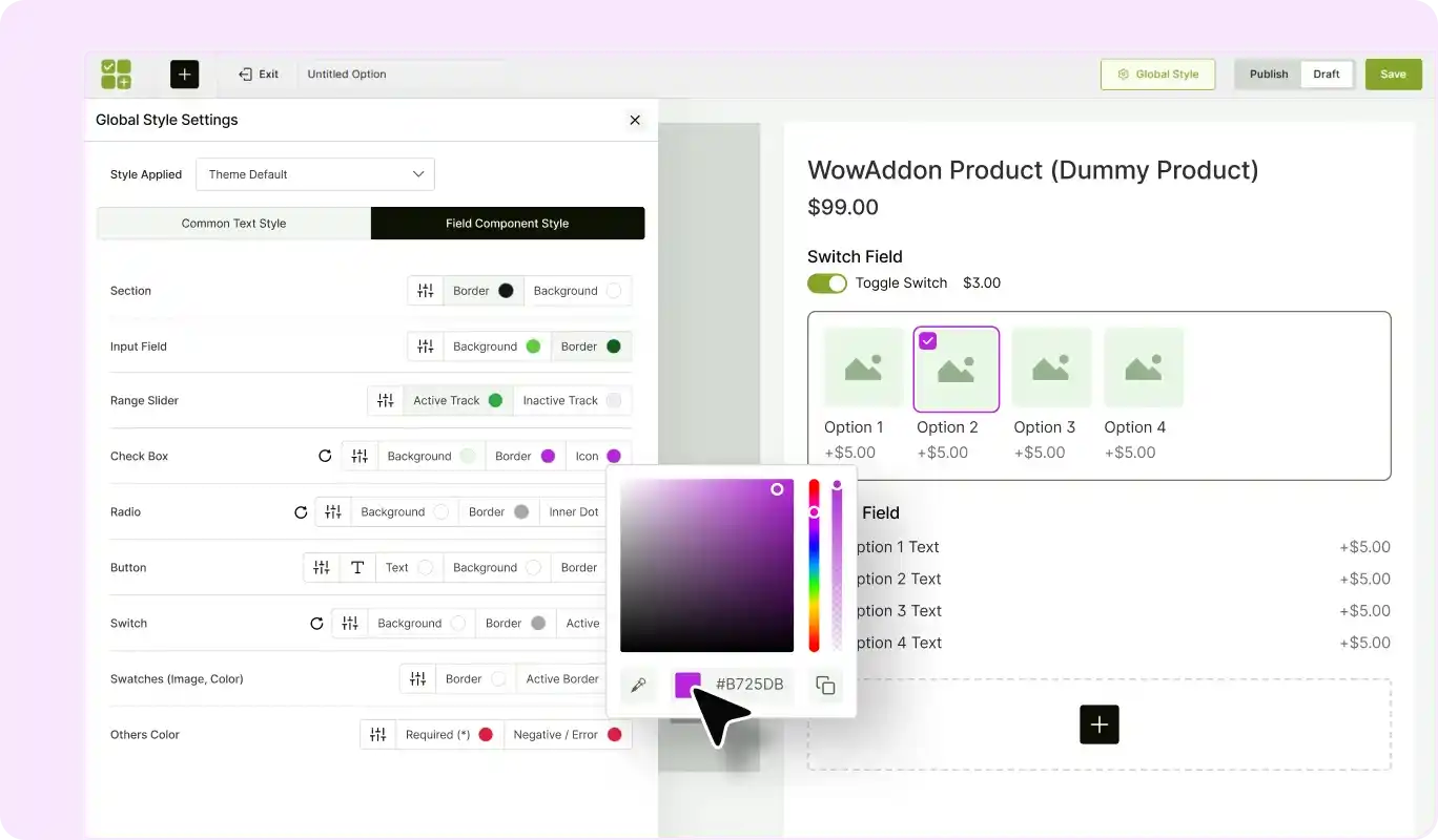 WowAddons dashboard displaying global customization controls for sections, input fields, range sliders, checkboxes, radio buttons, switches, and buttons.