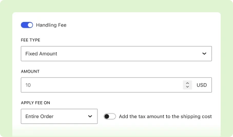 Simulation of shipping handling fees with a percentage or a fixed amount, applied per item or to the entire order, with tax option.