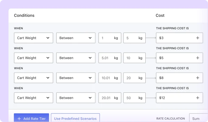 Live example of configuring table rate shipping based on cart weight variations.