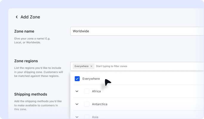 Practical example of creating a WooCommerce worldwide shipping zone by selecting everywhere from the region selection option.