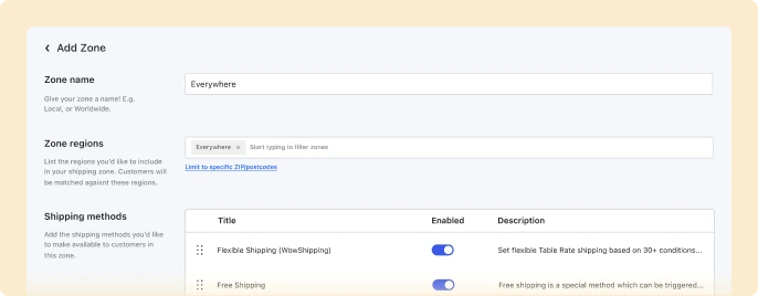 Demonstration of adding WowShipping's flexible shipping method to the WooCommerce shipping zone.