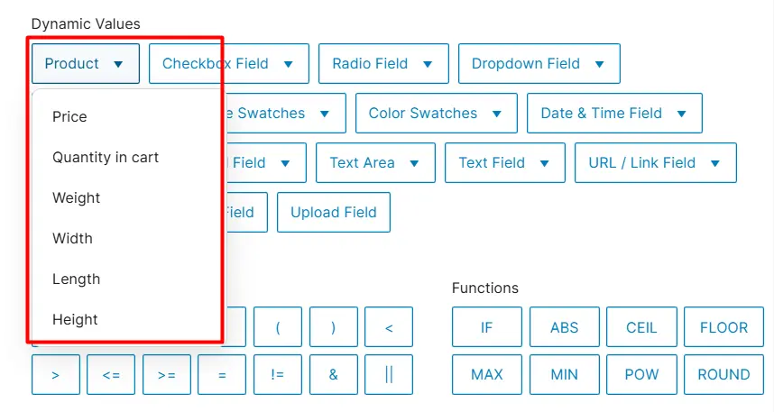 product dynamic values