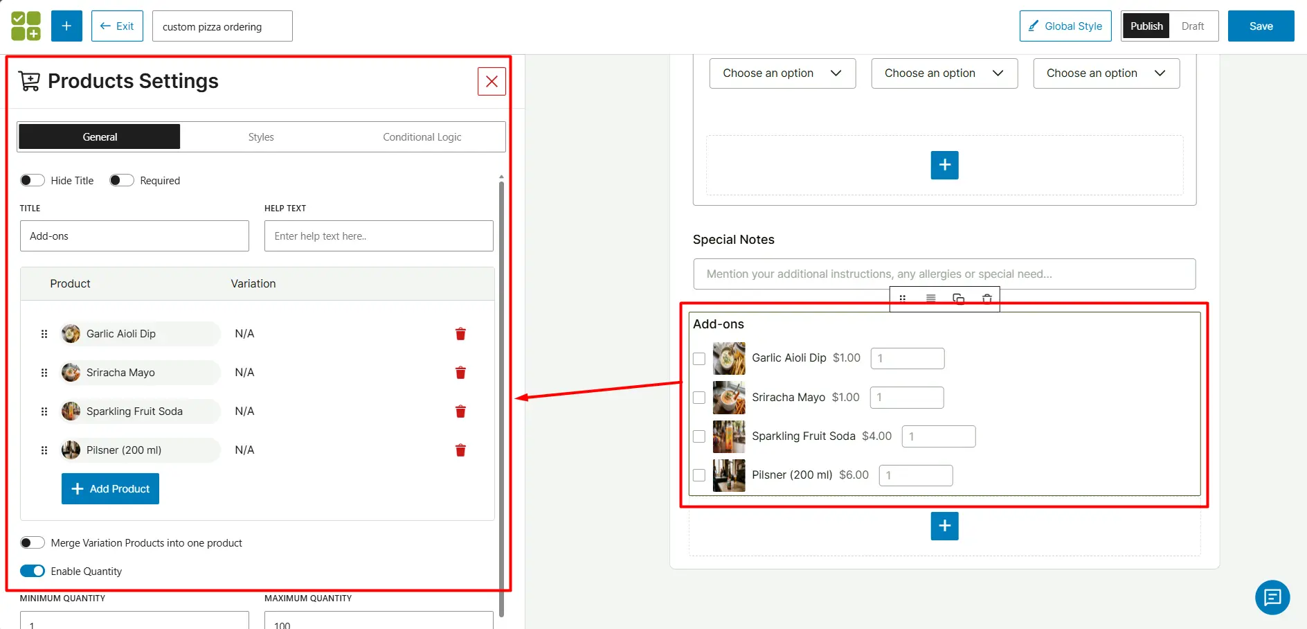 add-ons in product field for customized pizza