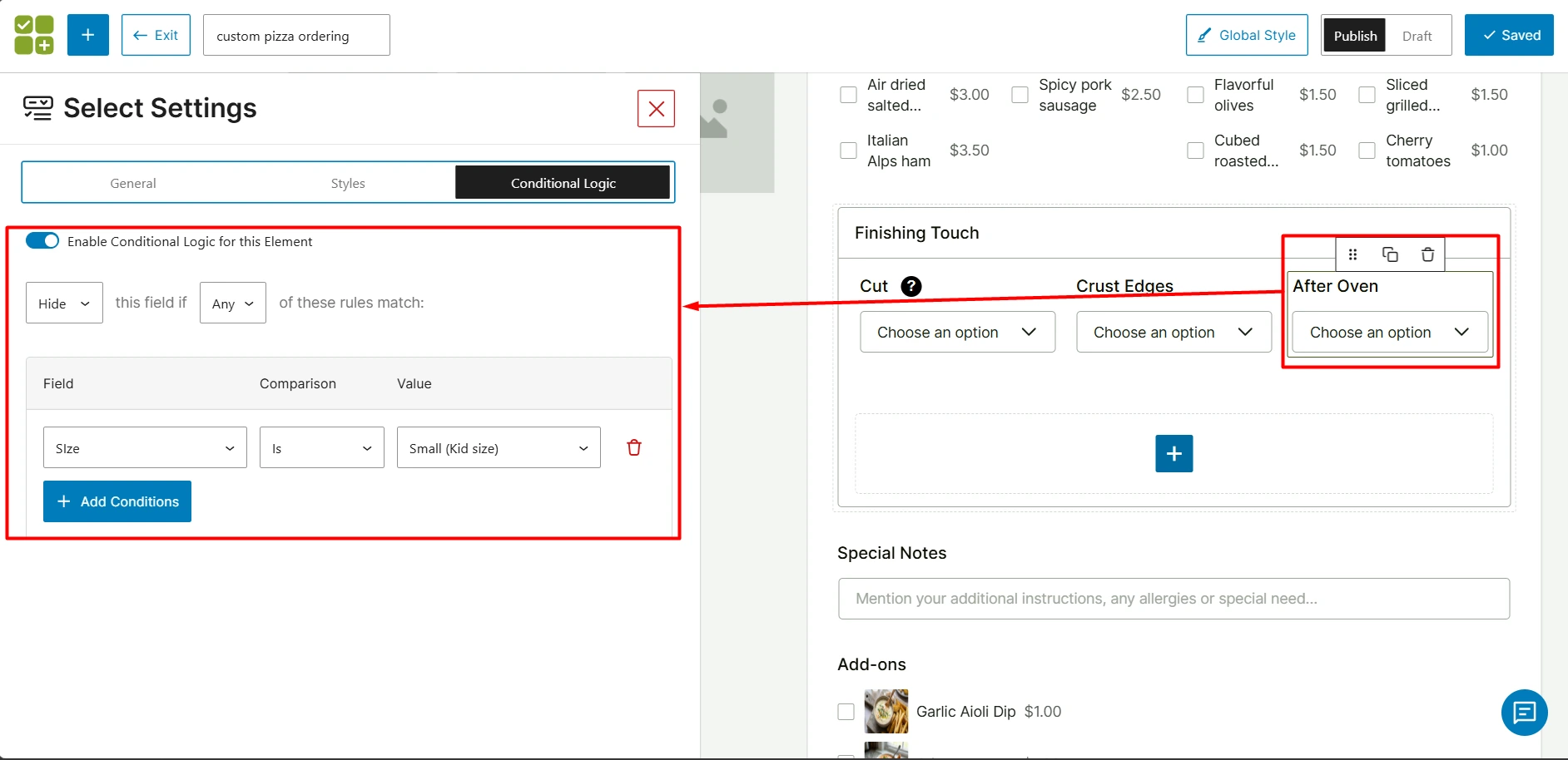 after oven field conditional logic