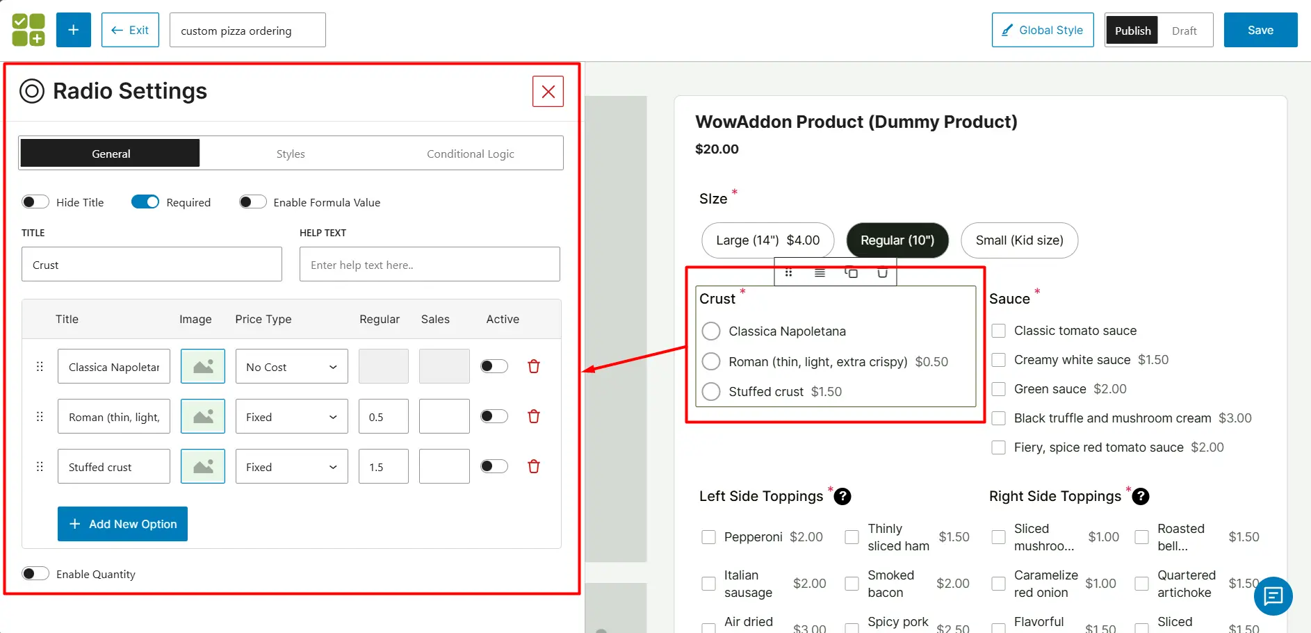 crust option in radio field customized pizza