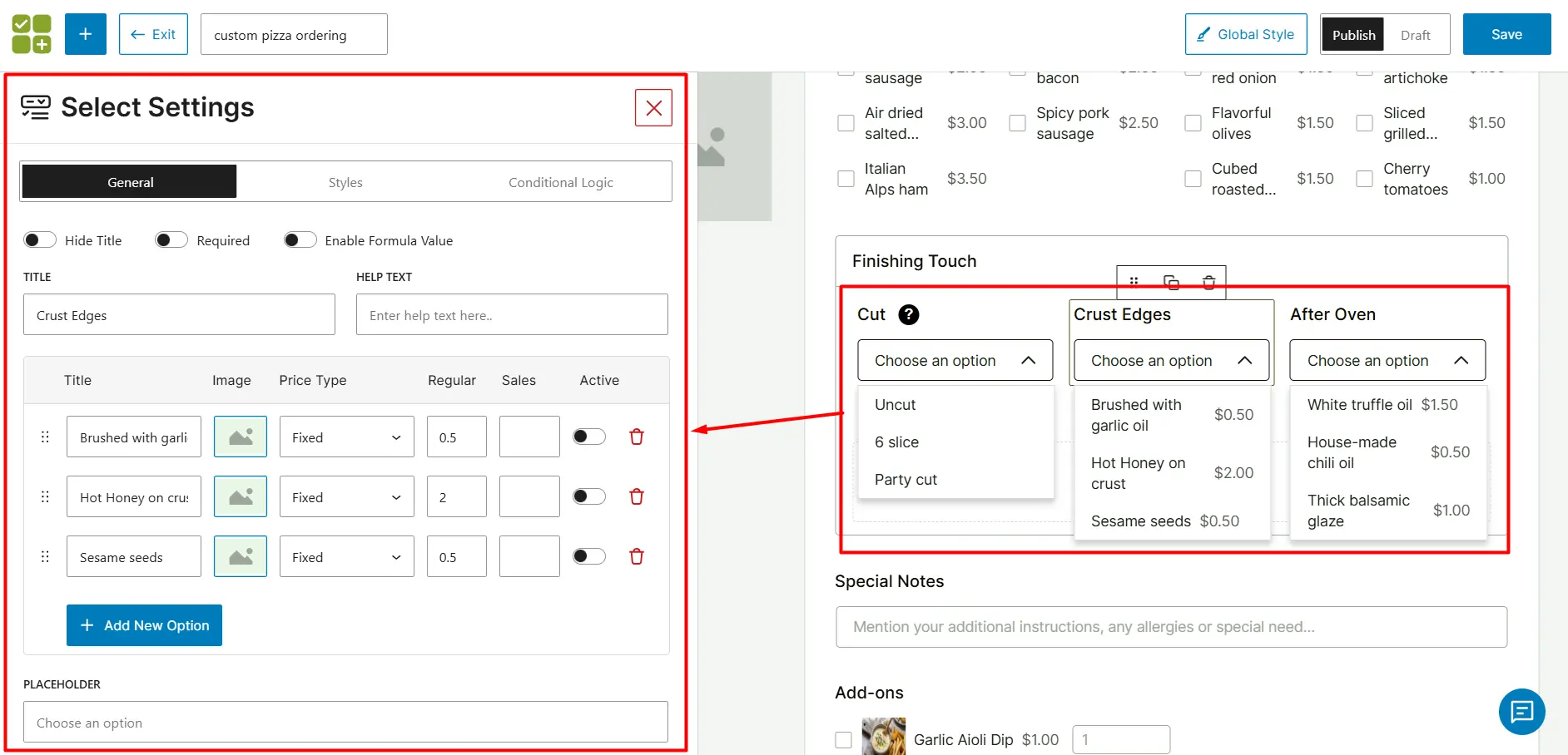 optional choices in dropdown field customized pizza