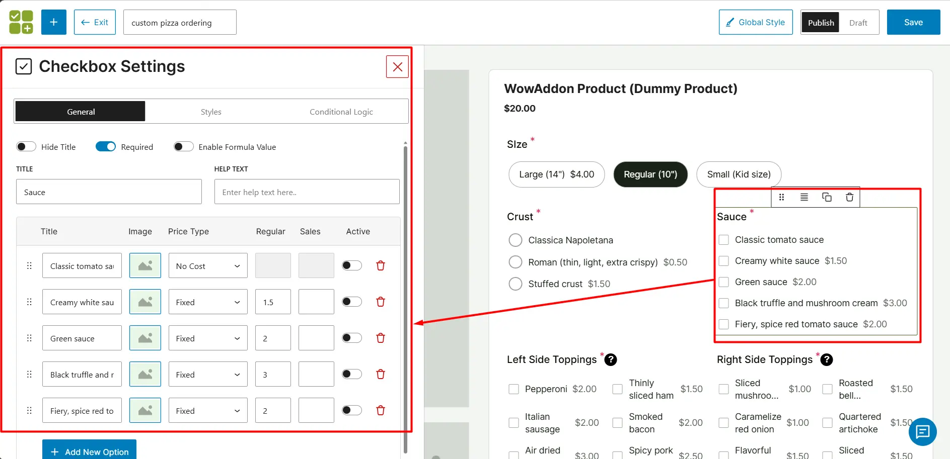 sauce option in checkbox customized pizza