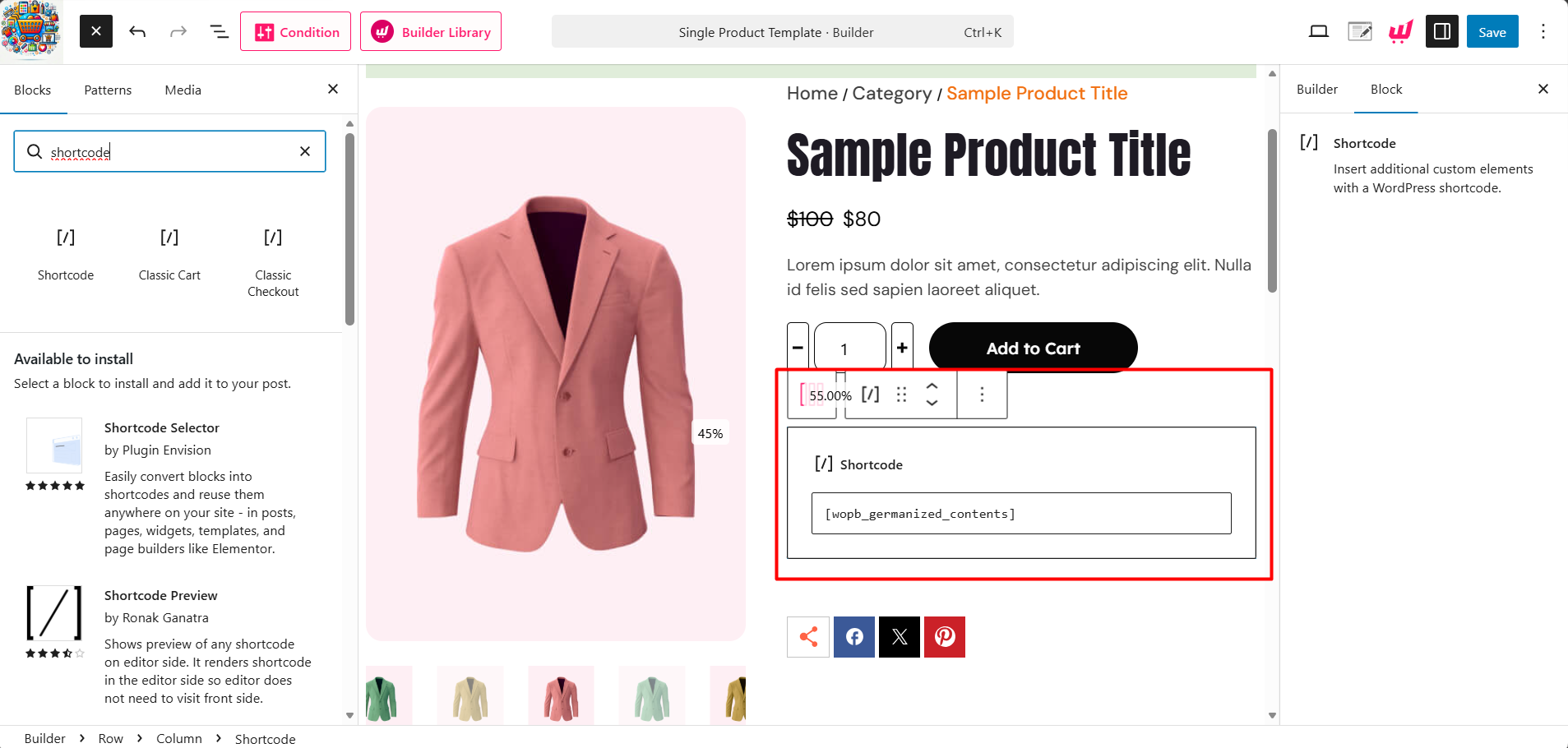 shortcode block on single product page template