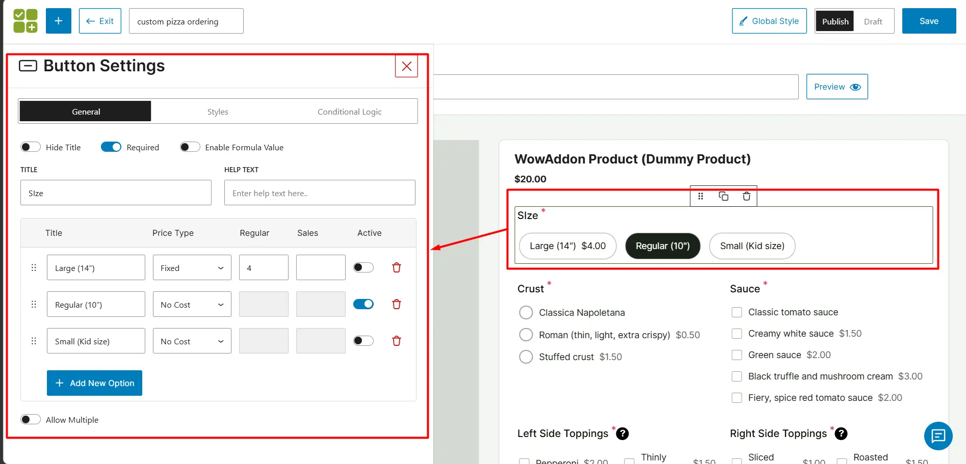 size option in button field customized pizza