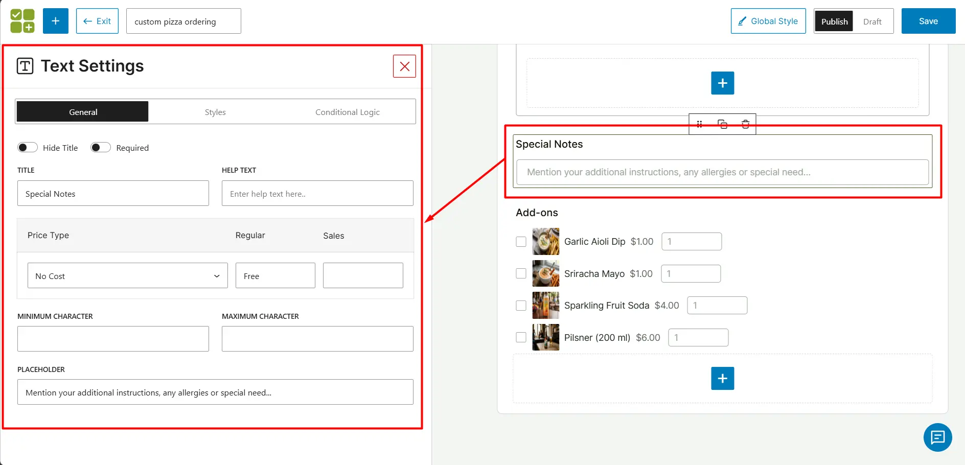 special notes in text field customized pizza