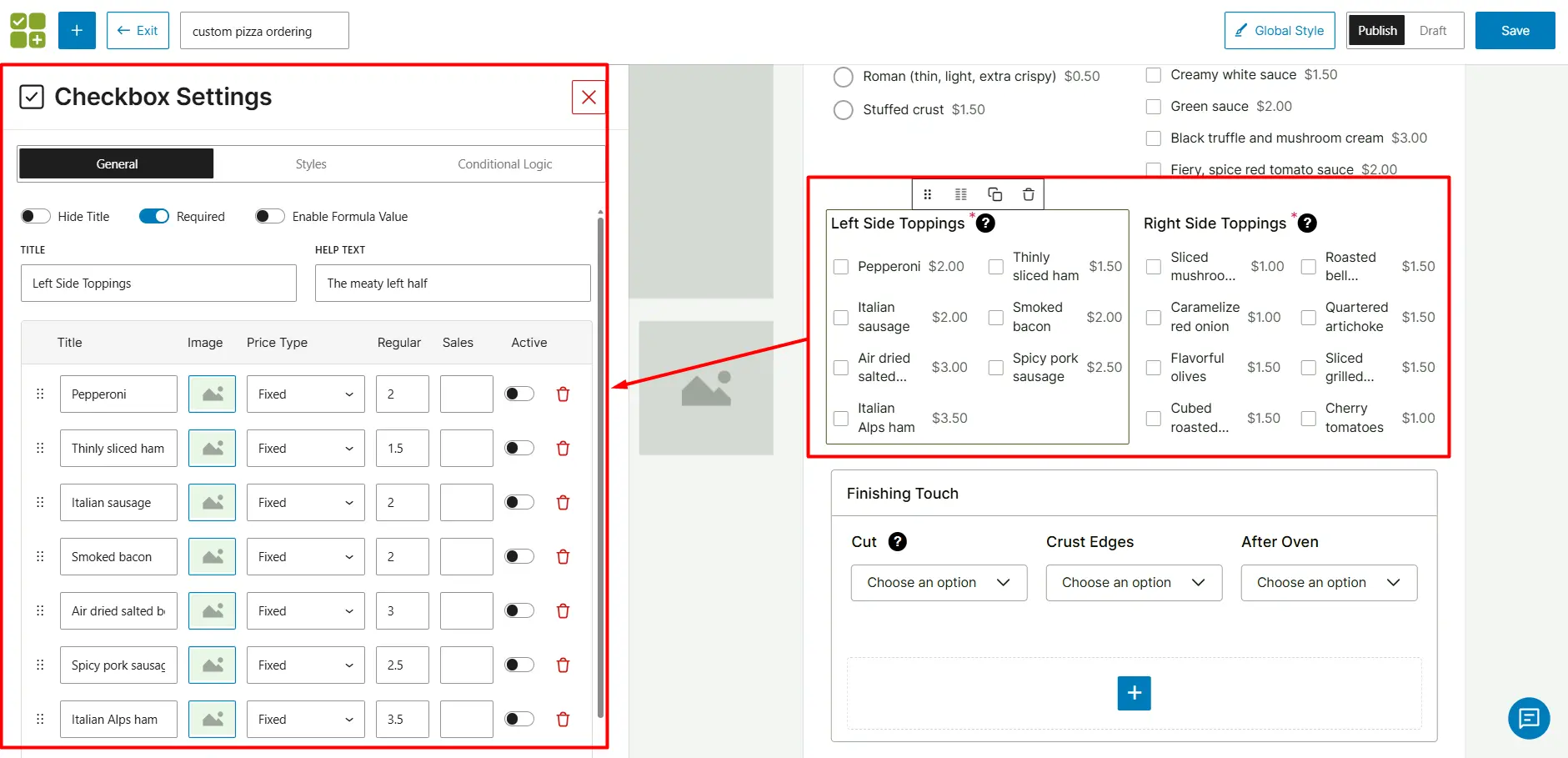 topping option in checkbox customized pizza