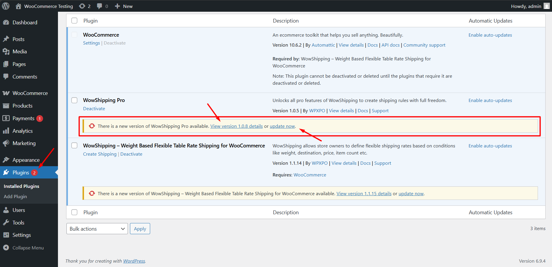 update from plugin page