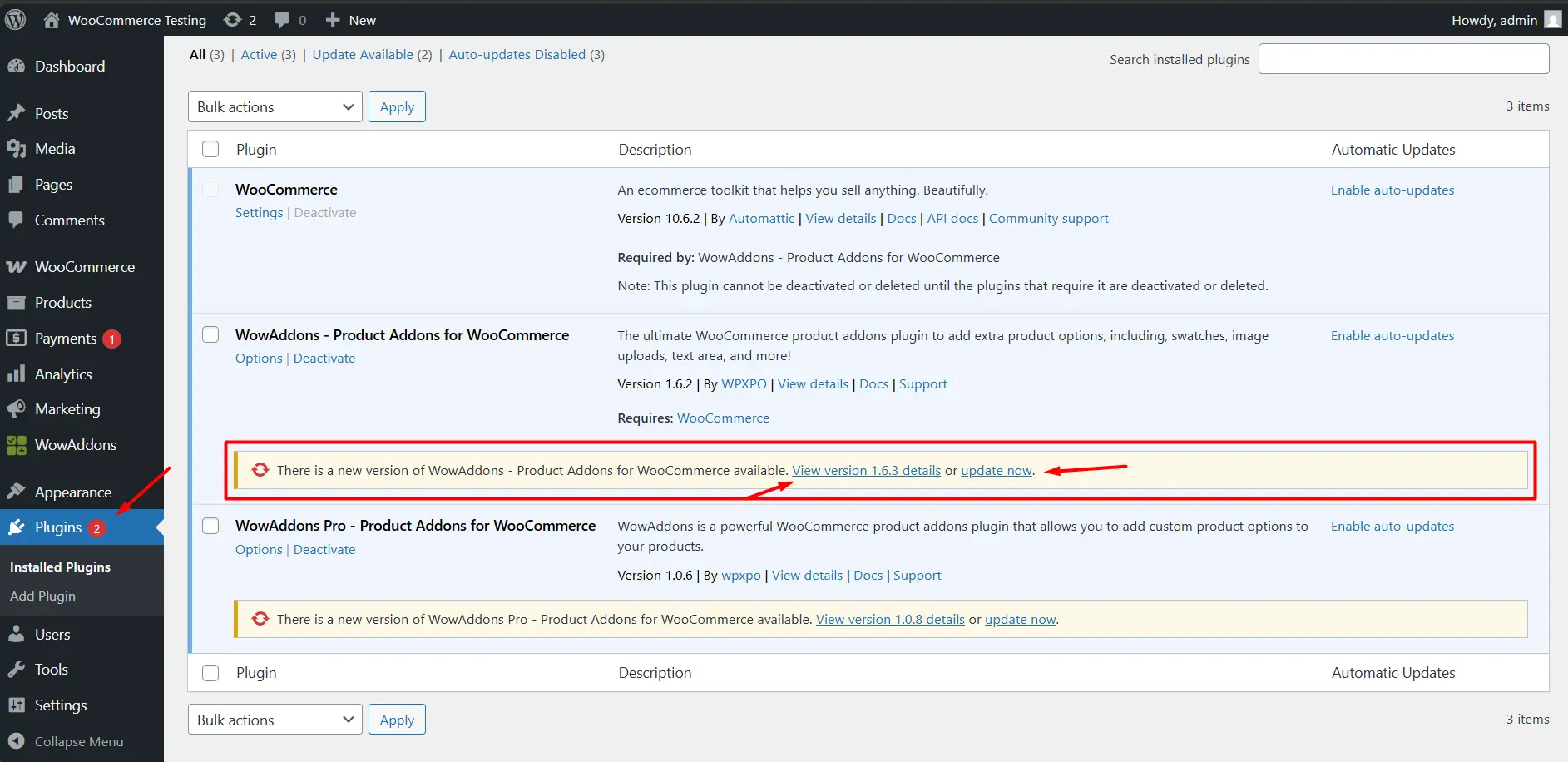 update from plugin page