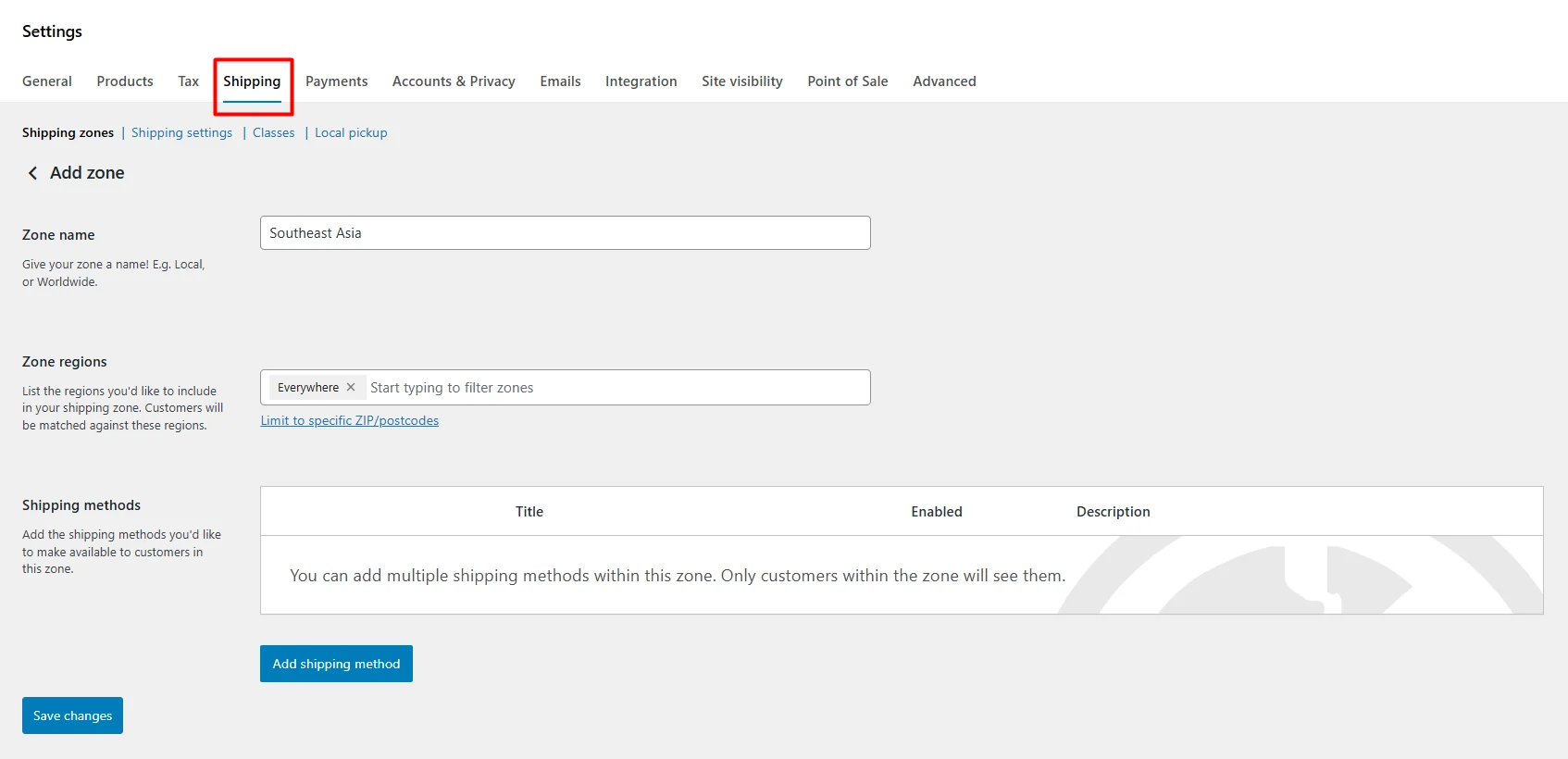 Adding Shipping Zone in WooCommerce
