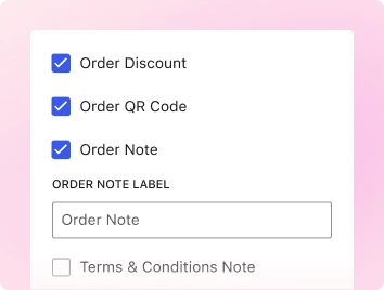 Additional settings demonstrating enabled QR code and order note options.