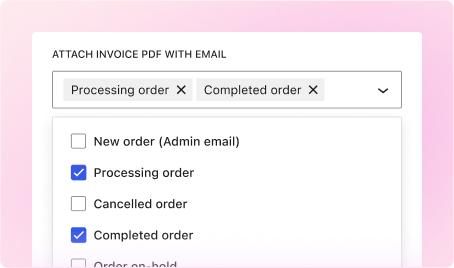 Simulation of selecting an order status, such as processing or completed, to attach a PDF invoice to the email.