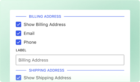 Customer’s billing and shipping address labels with checkboxes.