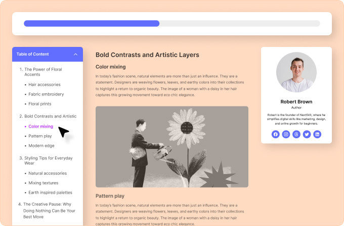 Image showcasing multiple blogging tools including reading progress bar, table of contents and author box.