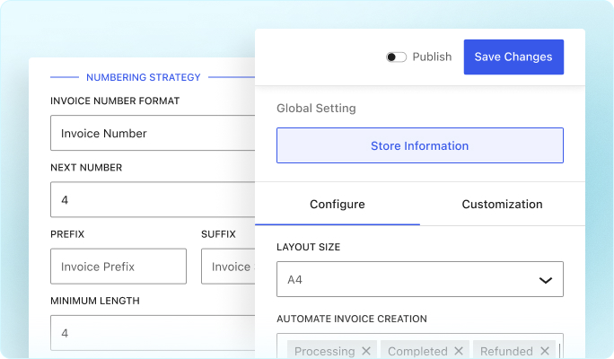 WowInvoice PDF configuration panel showing document layout selection, when to create invoices, and invoice numbering format.