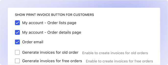 WowInvoice interface showcasing selected checkboxes that allow customers to download invoices from their My Account page and order details.