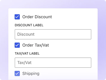 Image showcasing enabled label text for order discount, tax, and shipping.